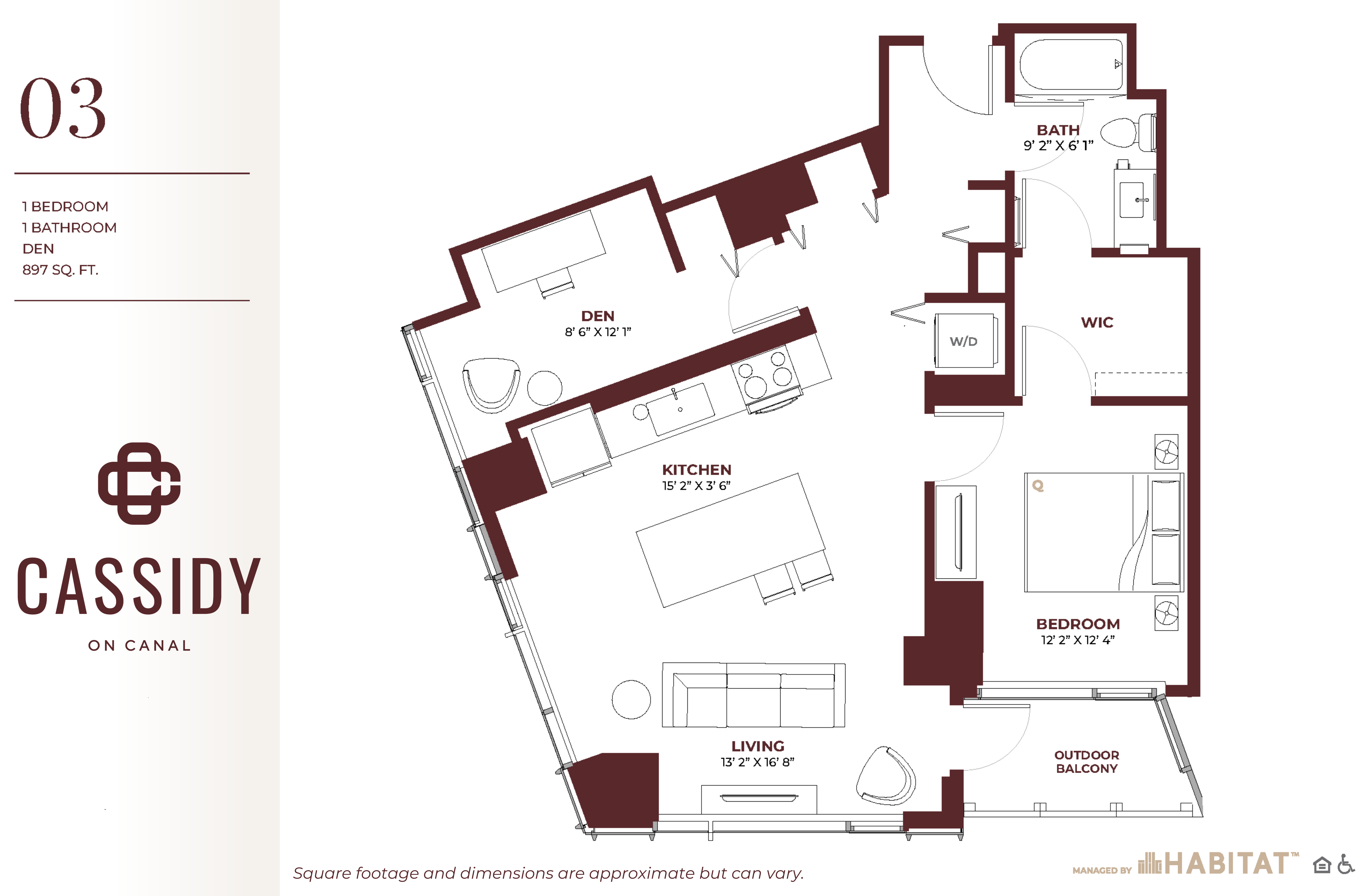 Floor plan for 1 bed, 1 bath, 897 sqft