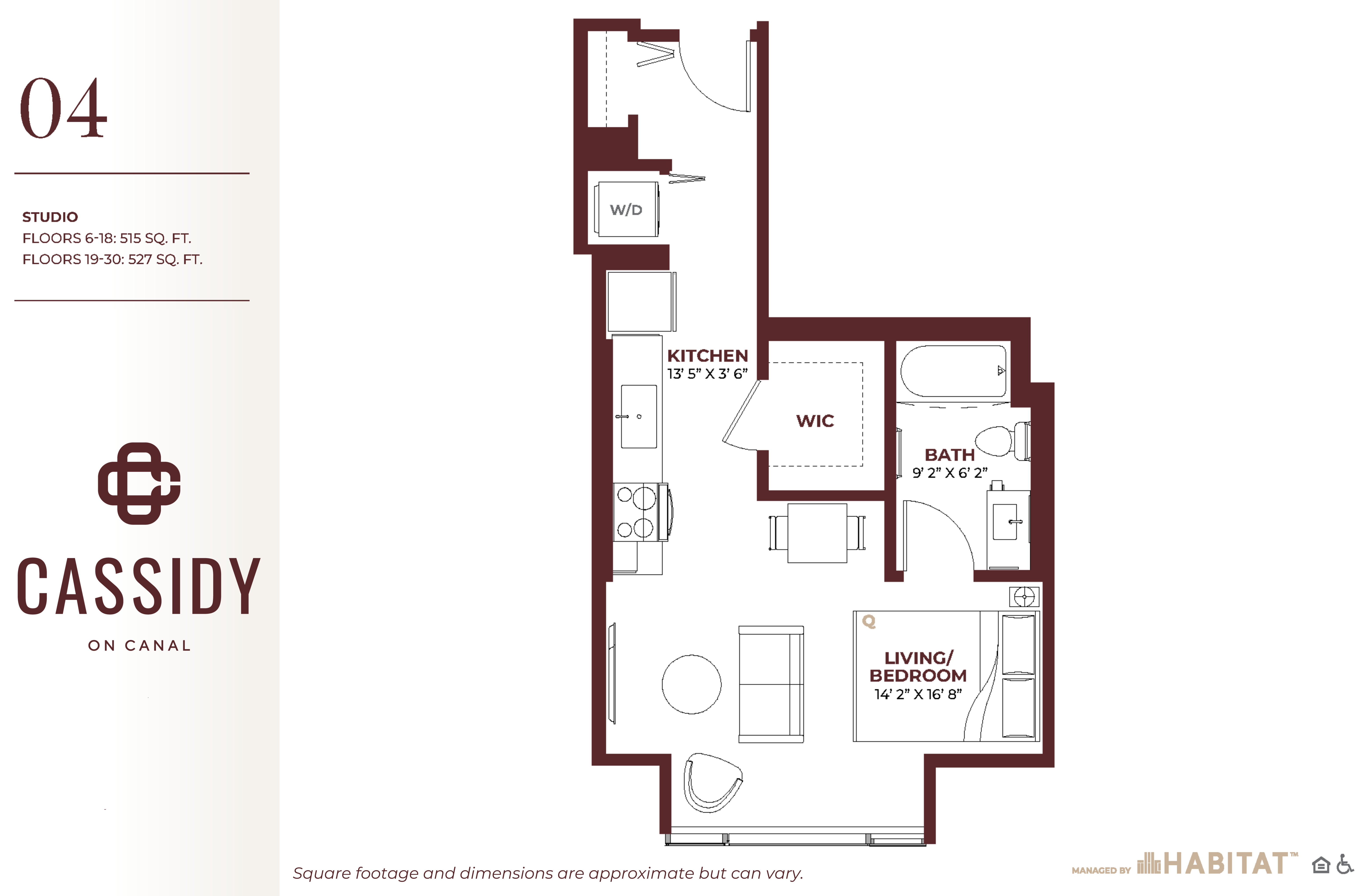 Floor plan for studio, 1 bath, 515 sqft