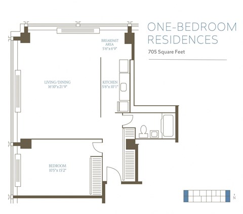 Floor plan for 1 bed, 1 bath, 705 sqft