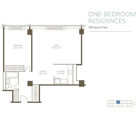 Floor plan for 1 bed, 1 bath, 765 sqft