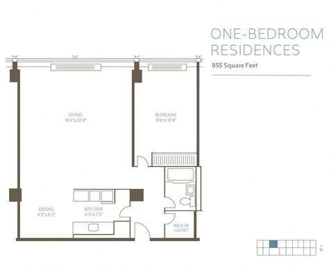 Floor plan for 1 bed, 1 bath, 855 sqft