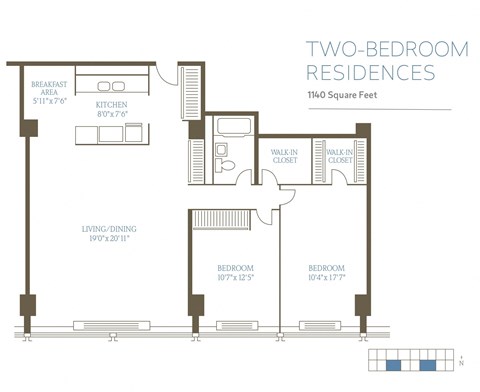 Floor plan for 2 beds, 1 bath, 1140 sqft