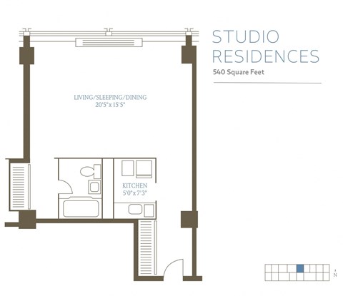 Floor plan for studio, 1 bath, 550 sqft