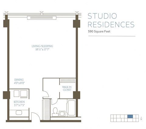 Floor plan for studio, 1 bath, 590 sqft