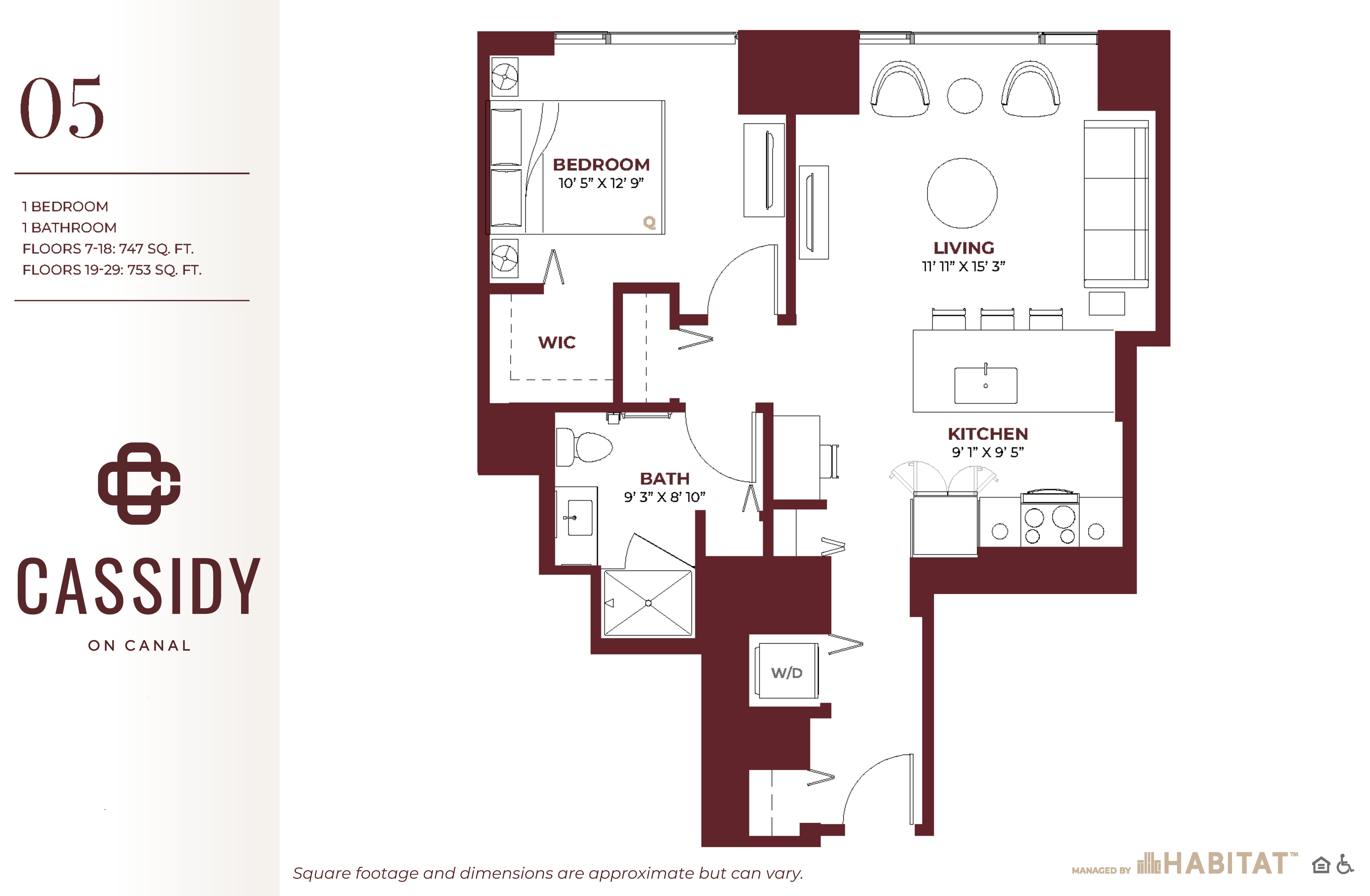 Floor plan for 1 bed, 1 bath, 753 sqft
