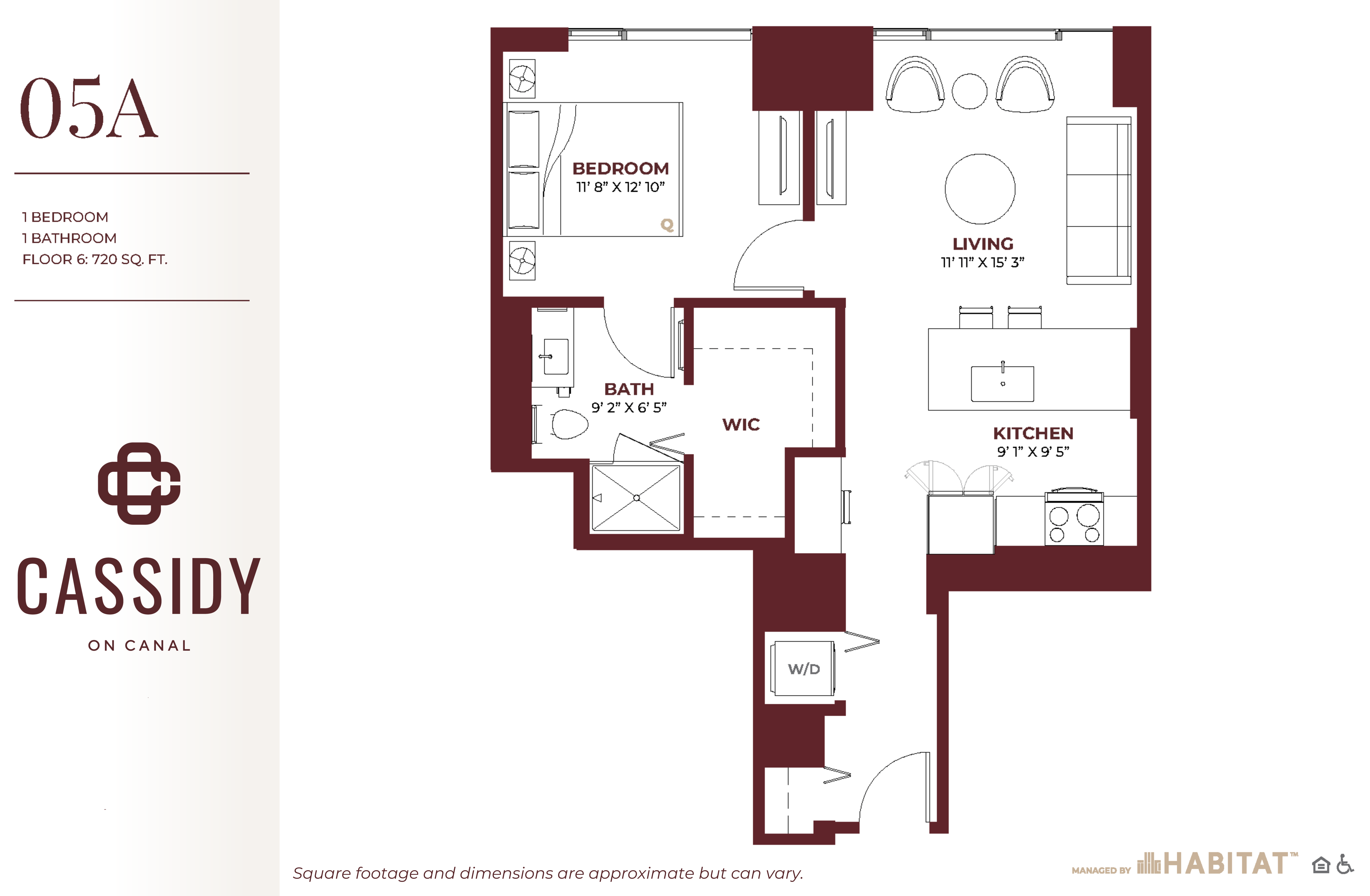 Floor plan for 1 bed, 1 bath, 720 sqft