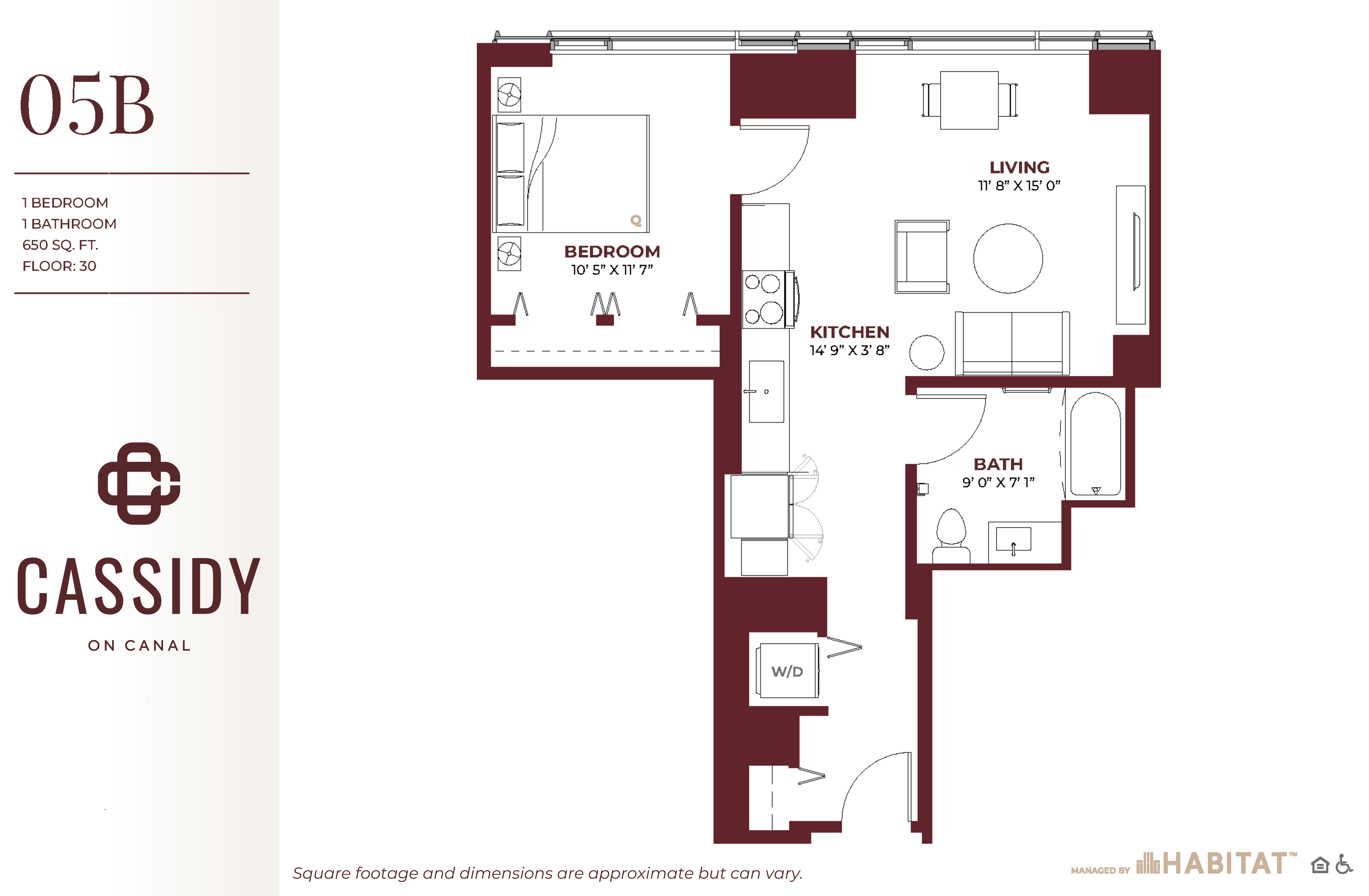 Floor plan for 1 bed, 1 bath, 650 sqft