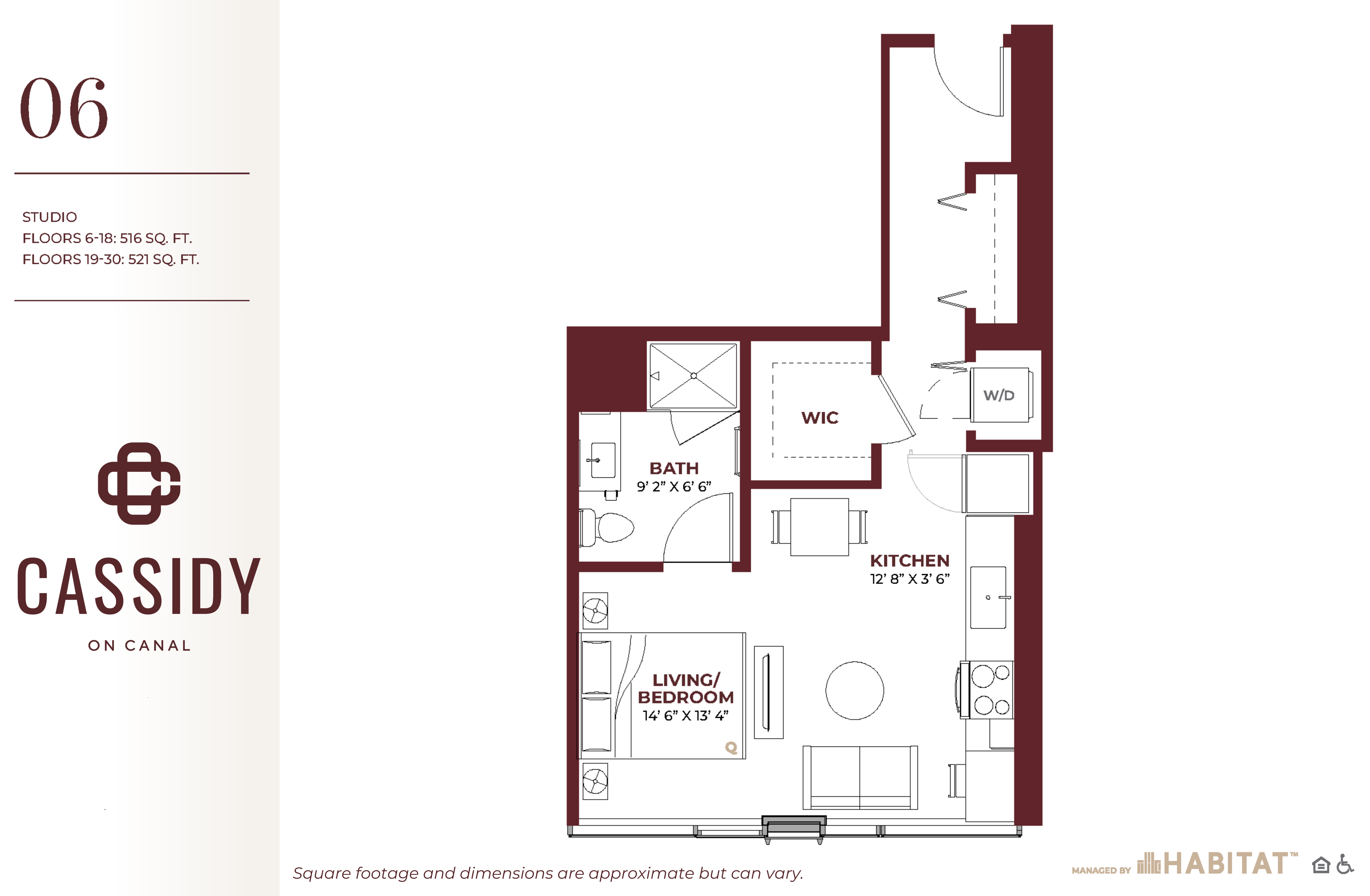 Floor plan for studio, 1 bath, 516 sqft
