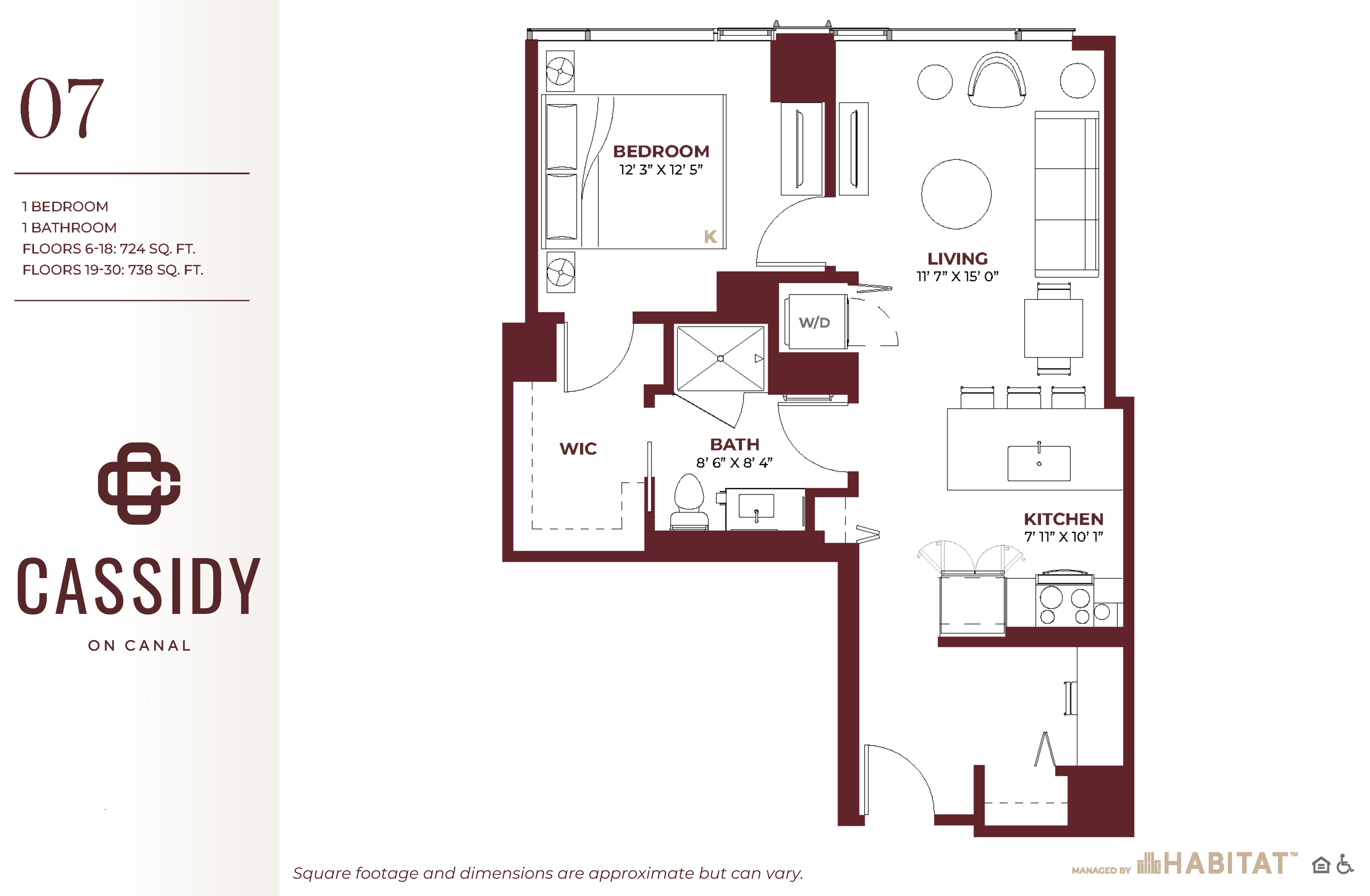 Floor plan for 1 bed, 1 bath, 738 sqft
