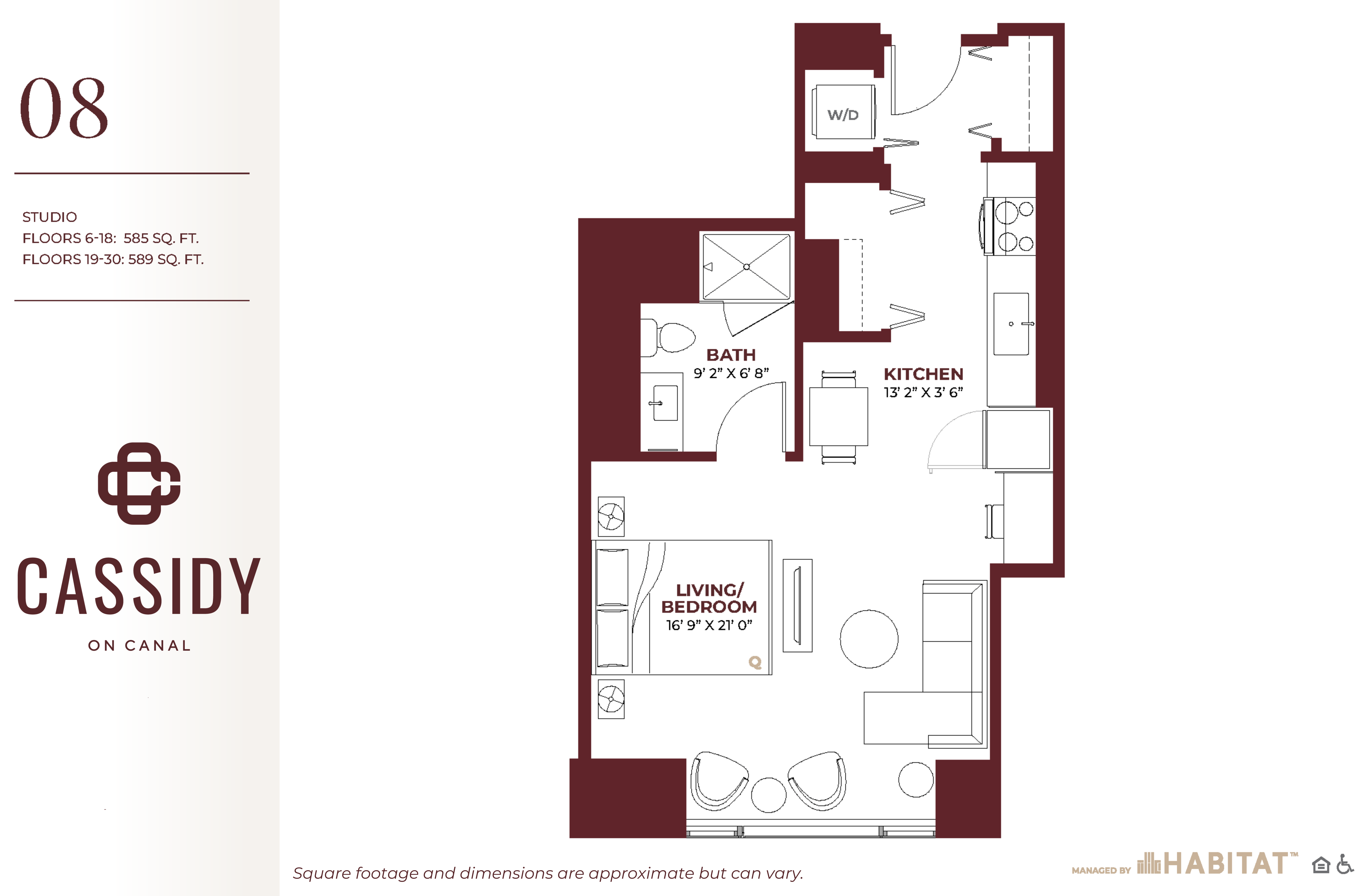 Floor plan for studio, 1 bath, 589 sqft
