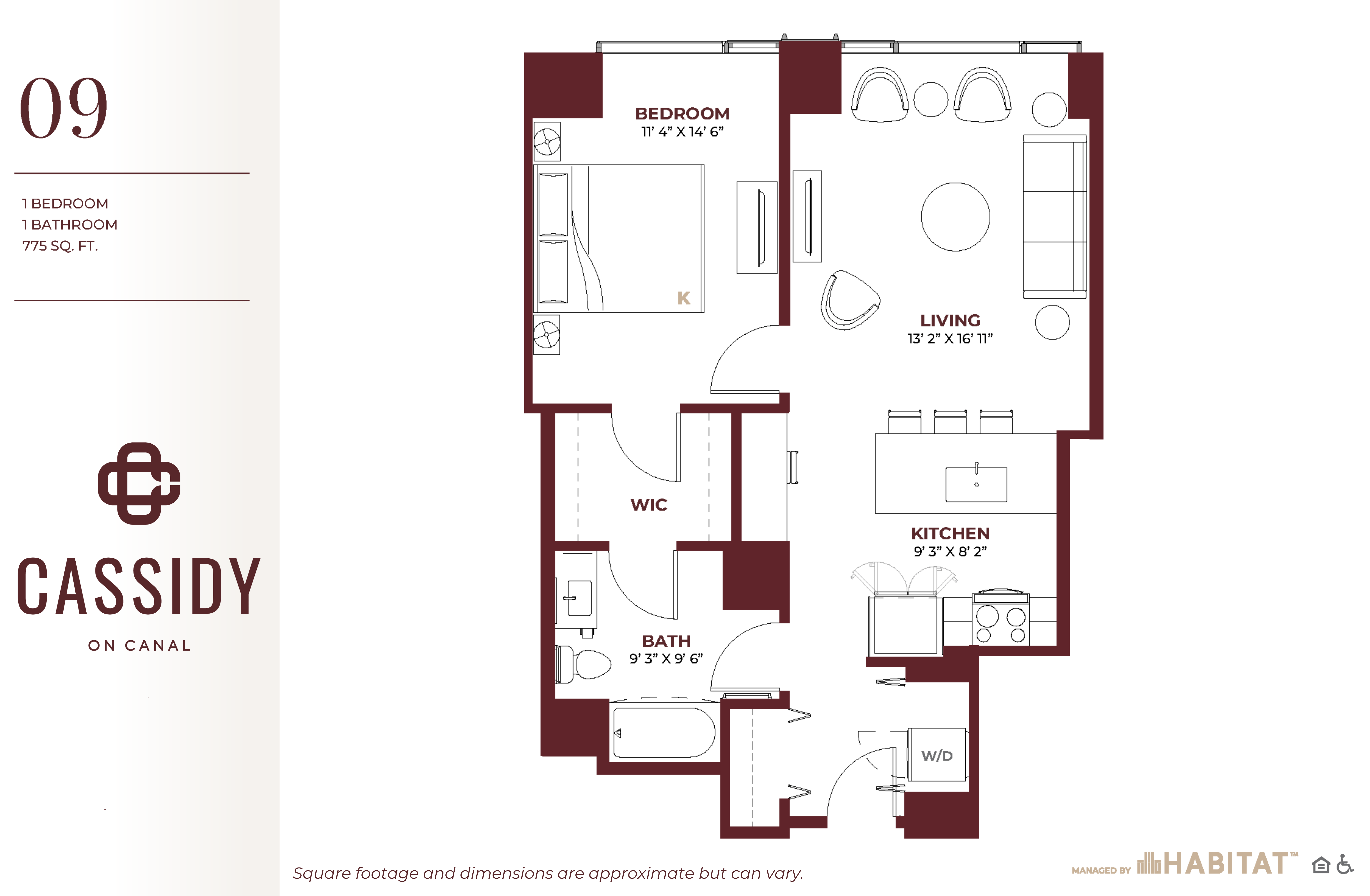 Floor plan for 1 bed, 1 bath, 775 sqft