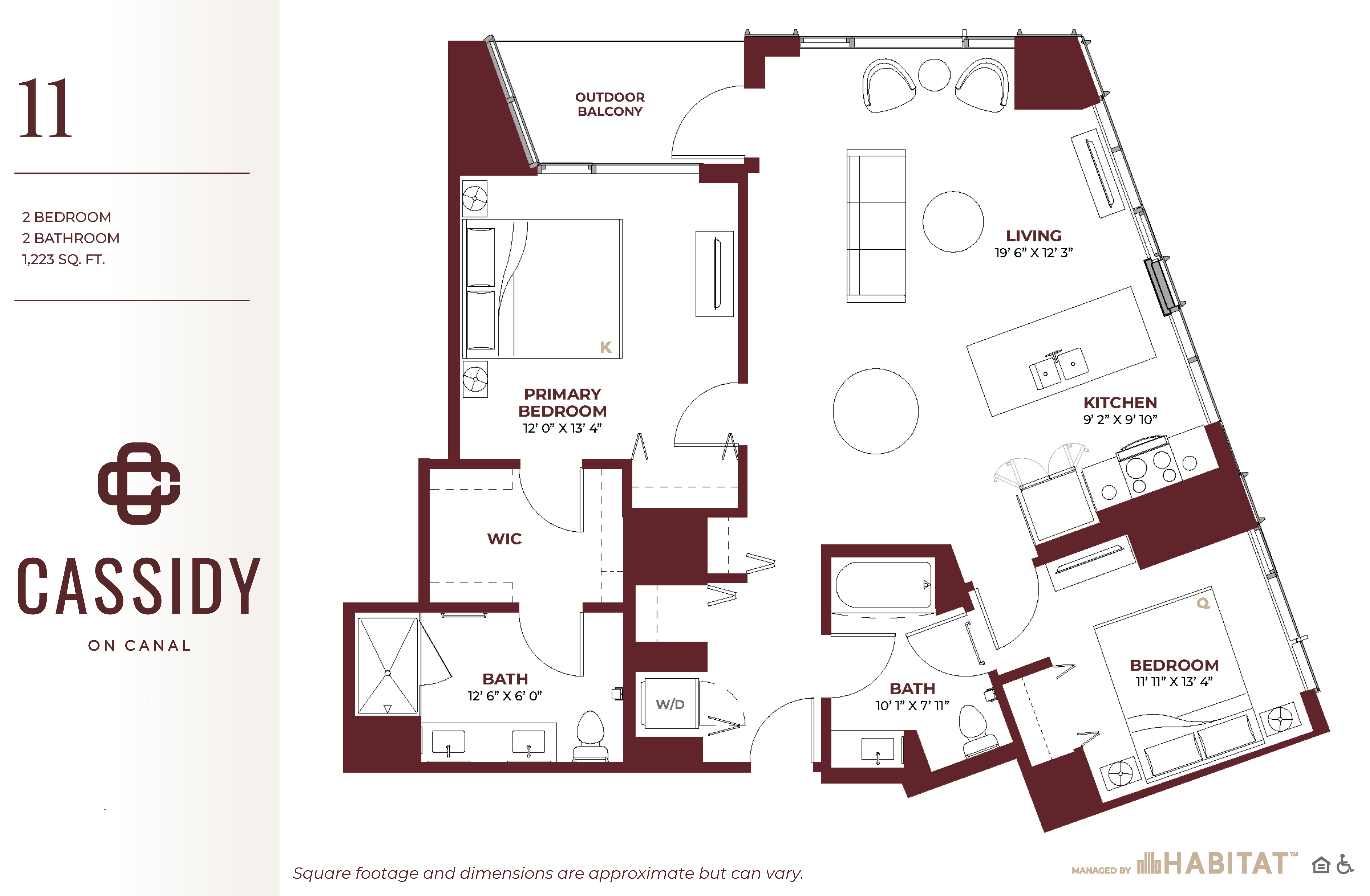 Floor plan for 2 beds, 2 baths, 1223 sqft