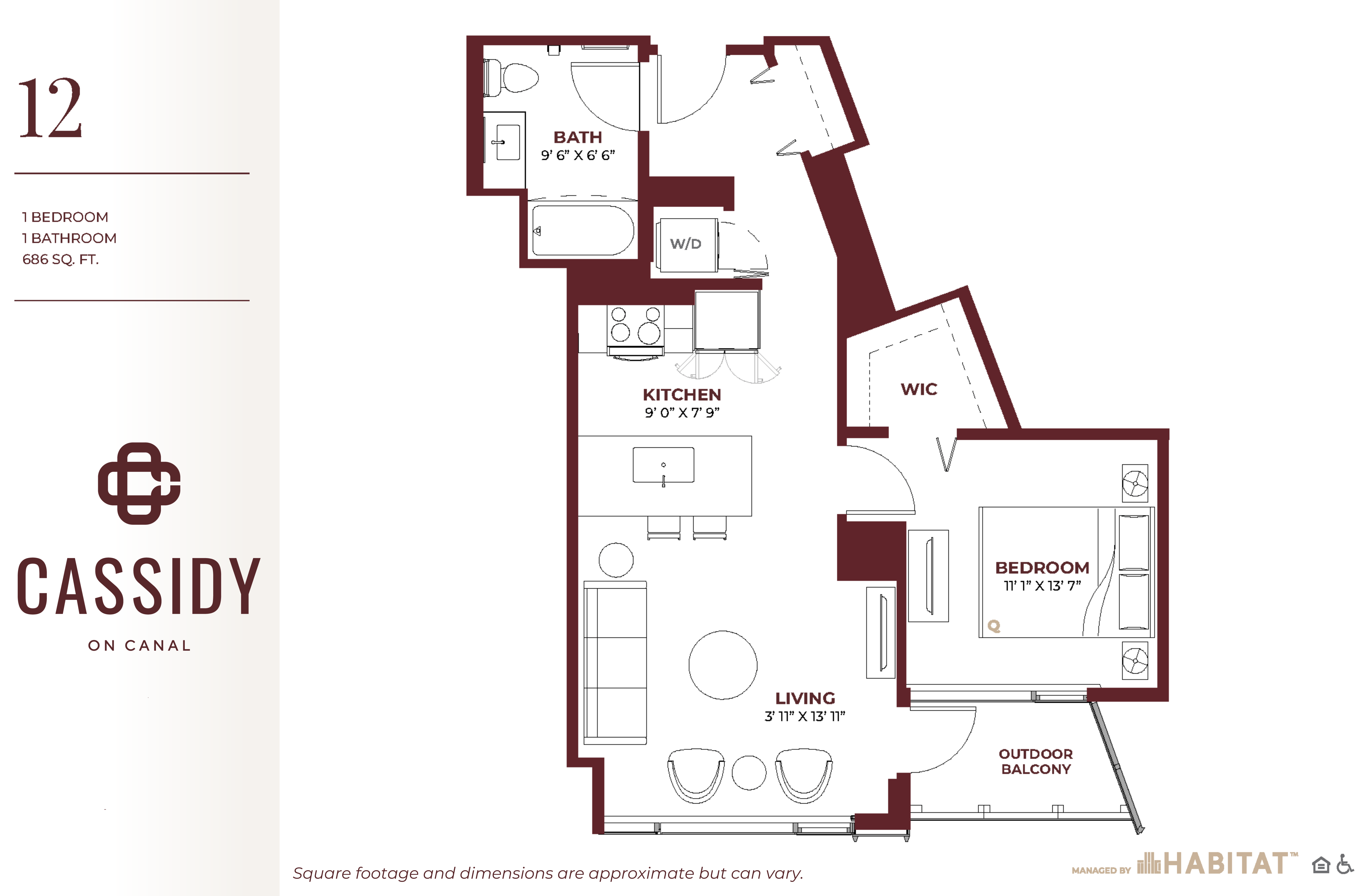 Floor plan for 1 bed, 1 bath, 686 sqft