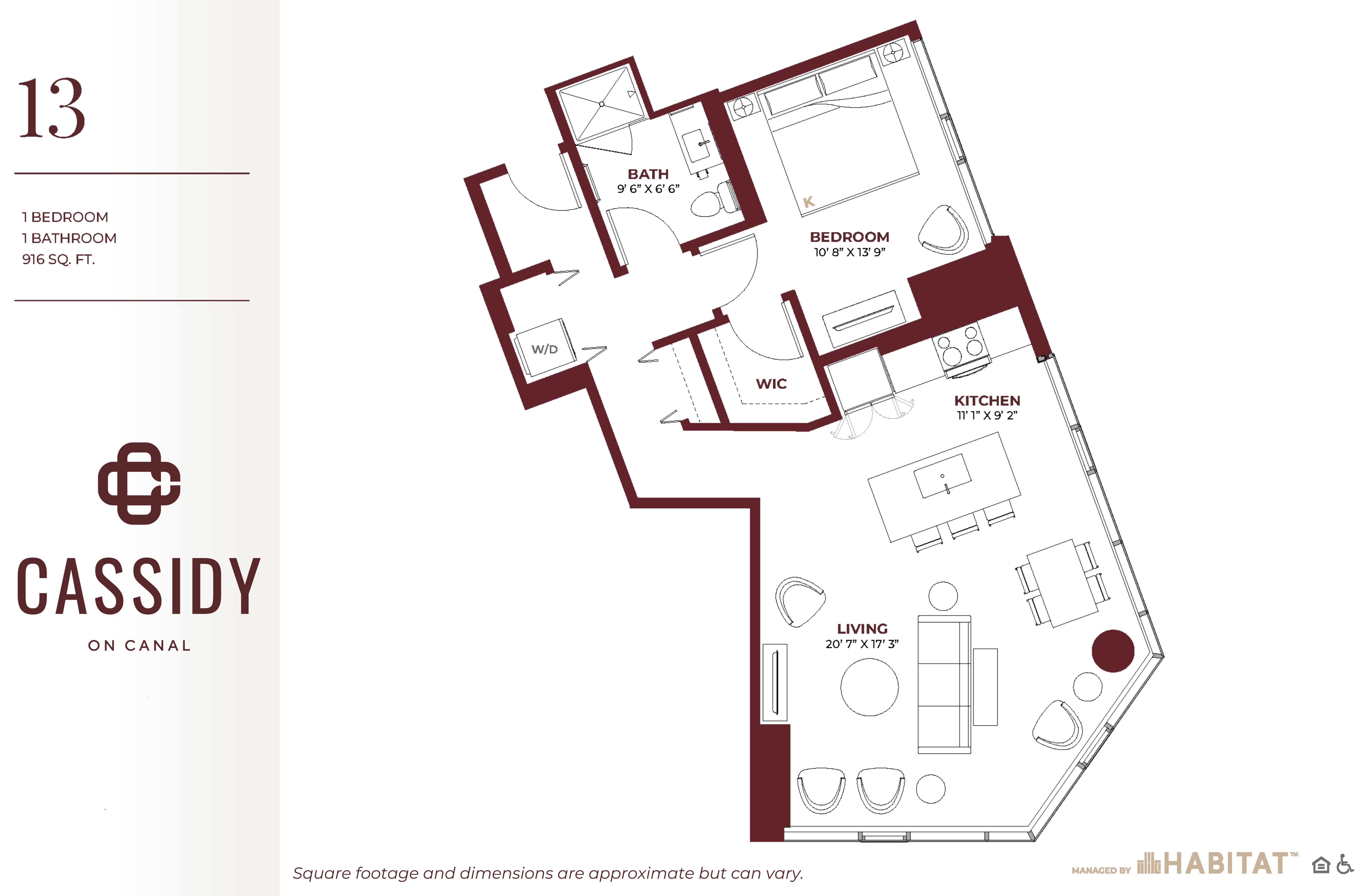 Floor plan for 1 bed, 1 bath, 916 sqft