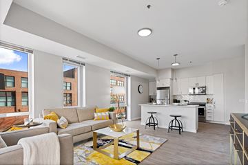 Chicago apartment for rent - A modern living room with a grey sofa and a yellow rug.