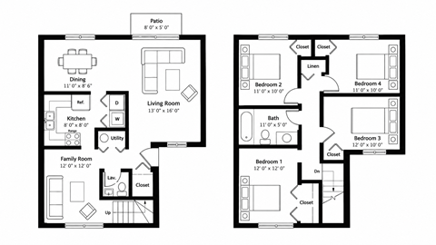 Floor plan for 4 beds, 2 baths