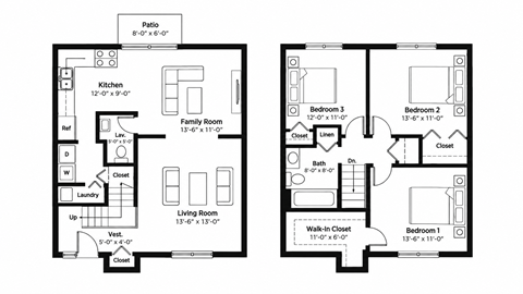 Floor plan for 3 beds, 1 bath