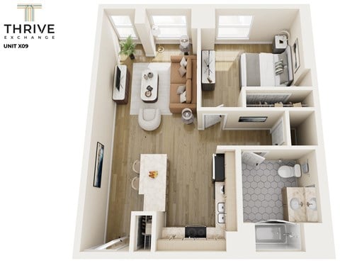 Floor plan for 1 bed, 1 bath