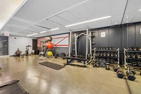 Chicago apartment for rent - A gym with a variety of equipment including weights and a punching bag.