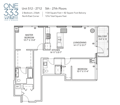 Floor plan for 2 beds, 2 baths, 1134 sqft