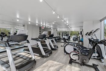 A gym with treadmills and ellipticals and other exercise equipment