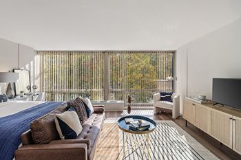 A bedroom with a bed and a couch and a tv