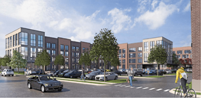Chicago apartment for rent - a rendering of a building with cars parked in front of it