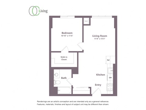 Floor plan for 1 bed, 1 bath, 638 sqft