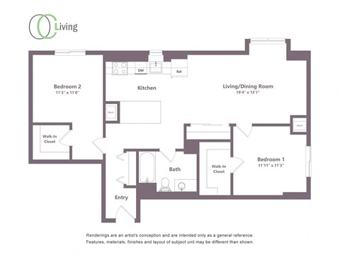 Floor plan for 2 beds, 1 bath, 983 sqft