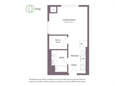 Floor plan for studio, 1 bath, 424 sqft