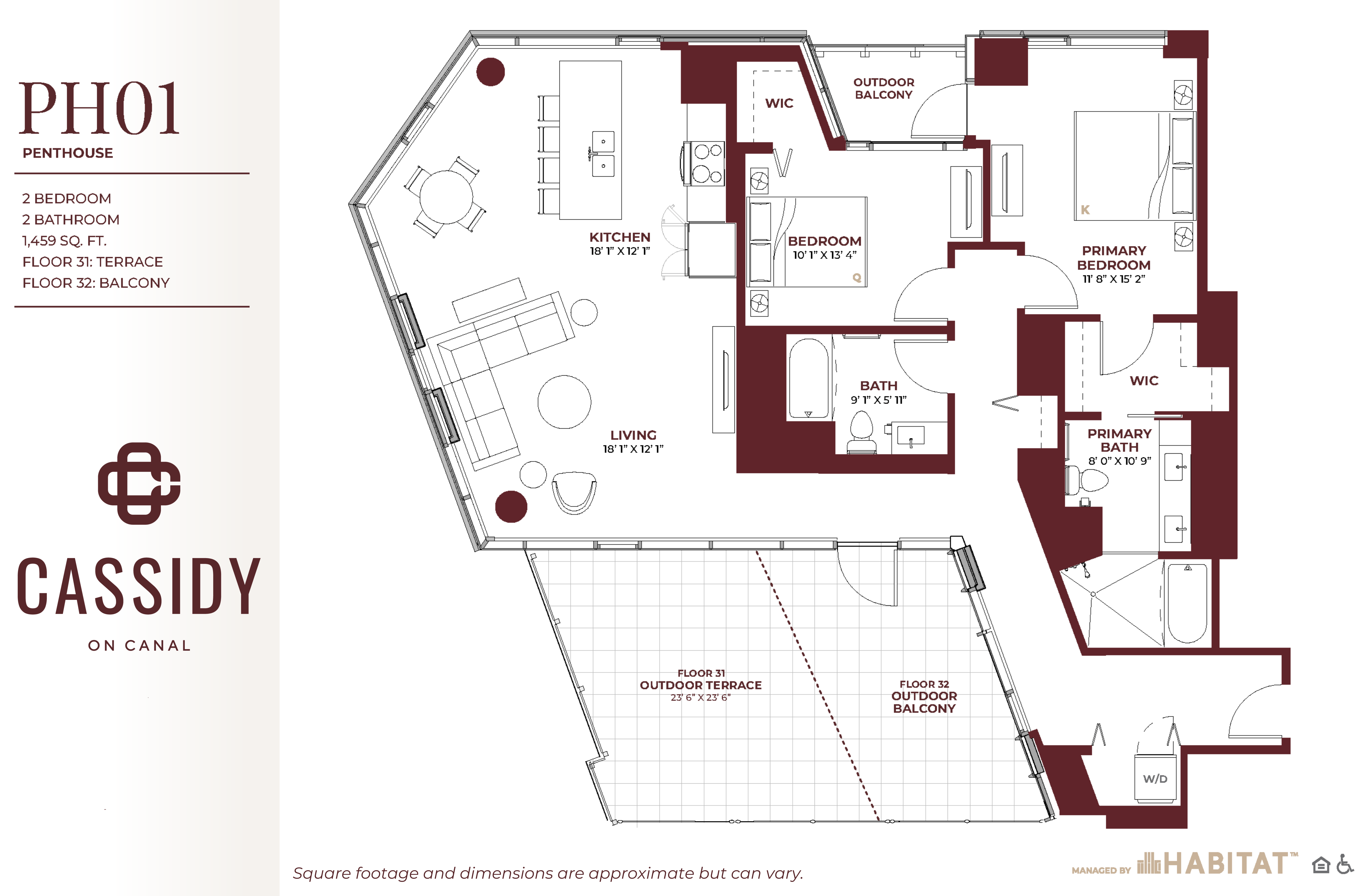 Floor plan for 2 beds, 2 baths, 1459 sqft