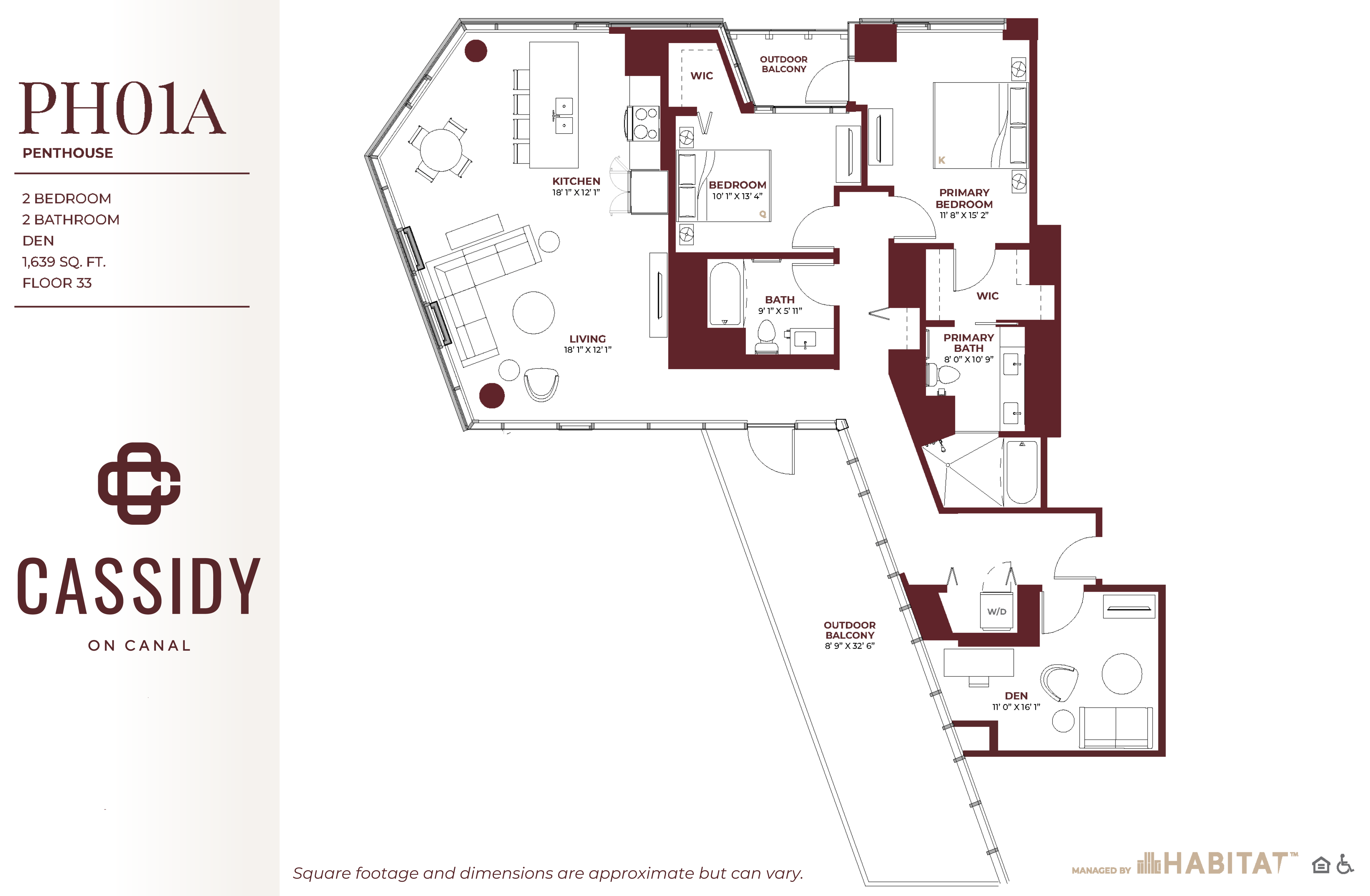 Floor plan for 2 beds, 2 baths, 1639 sqft