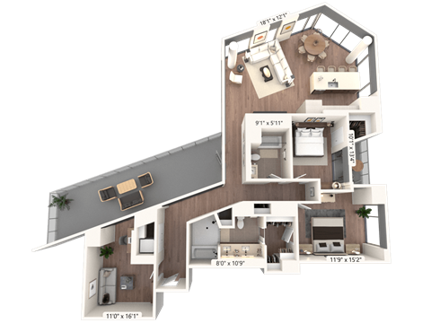 Floor plan for 2 beds, 2 baths, 1639 sqft