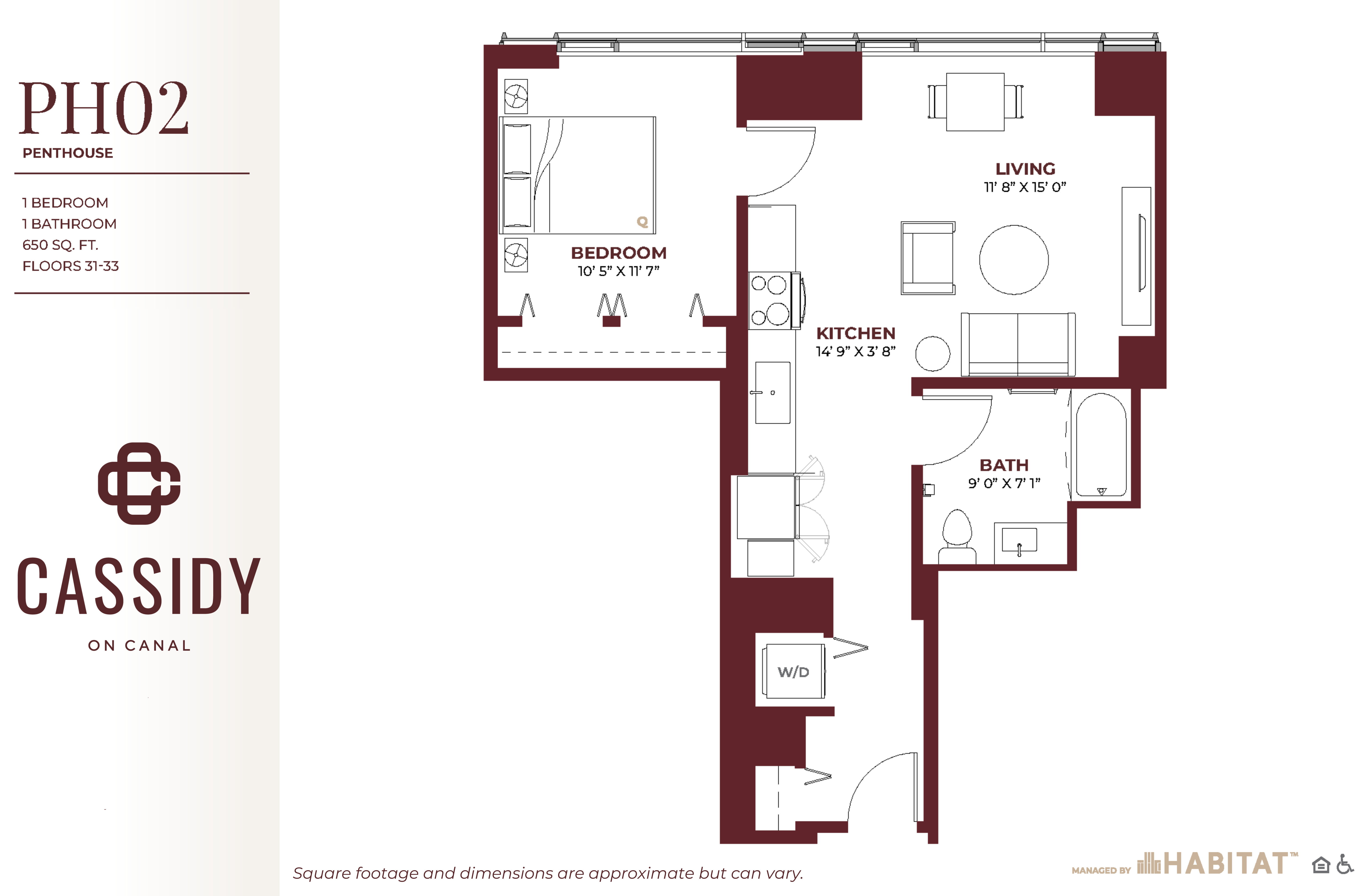 Floor plan for 1 bed, 1 bath, 650 sqft