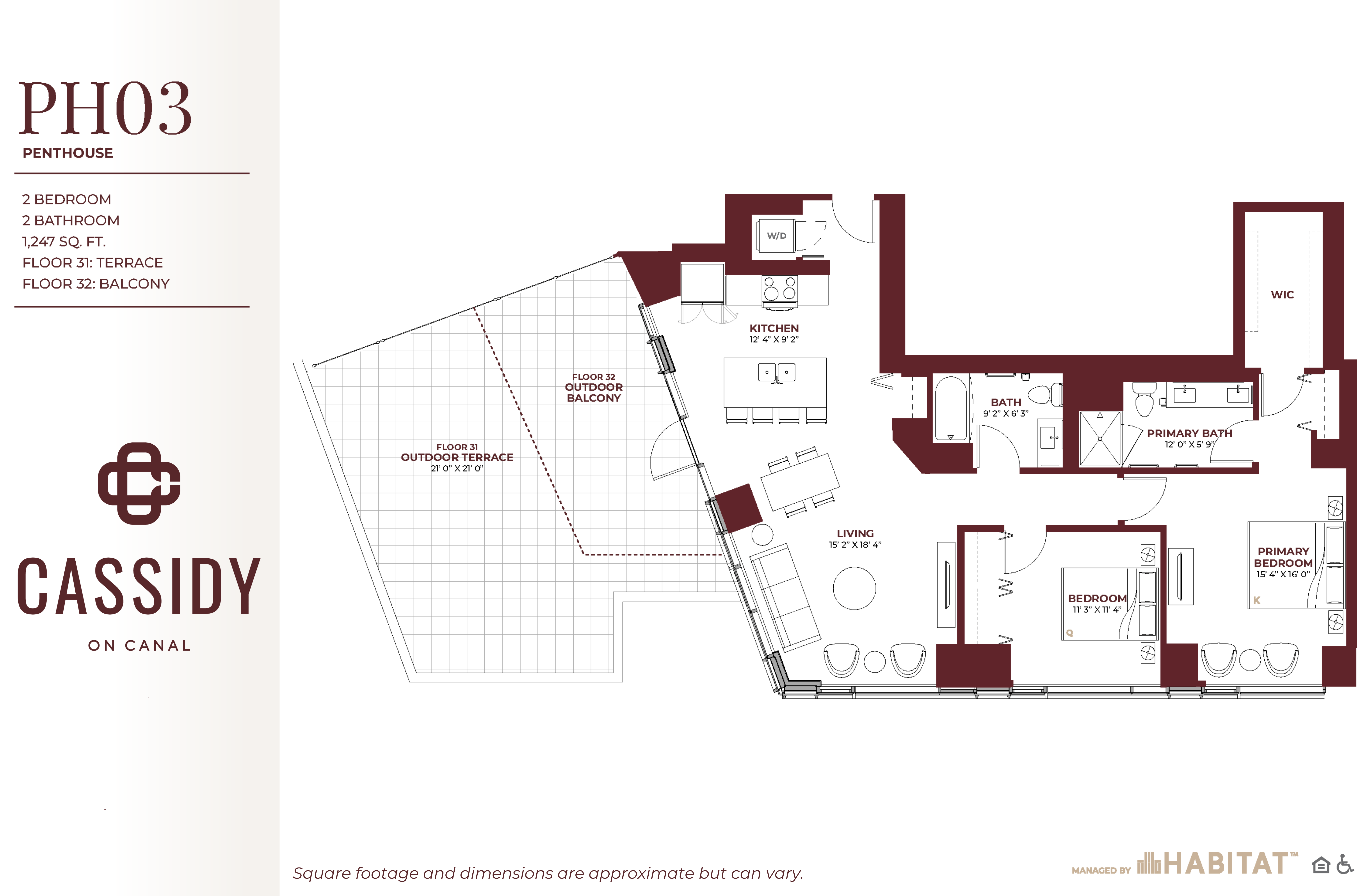 Floor plan for 2 beds, 2 baths, 1247 sqft