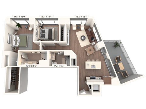 Floor plan for 2 beds, 2 baths, 1247 sqft