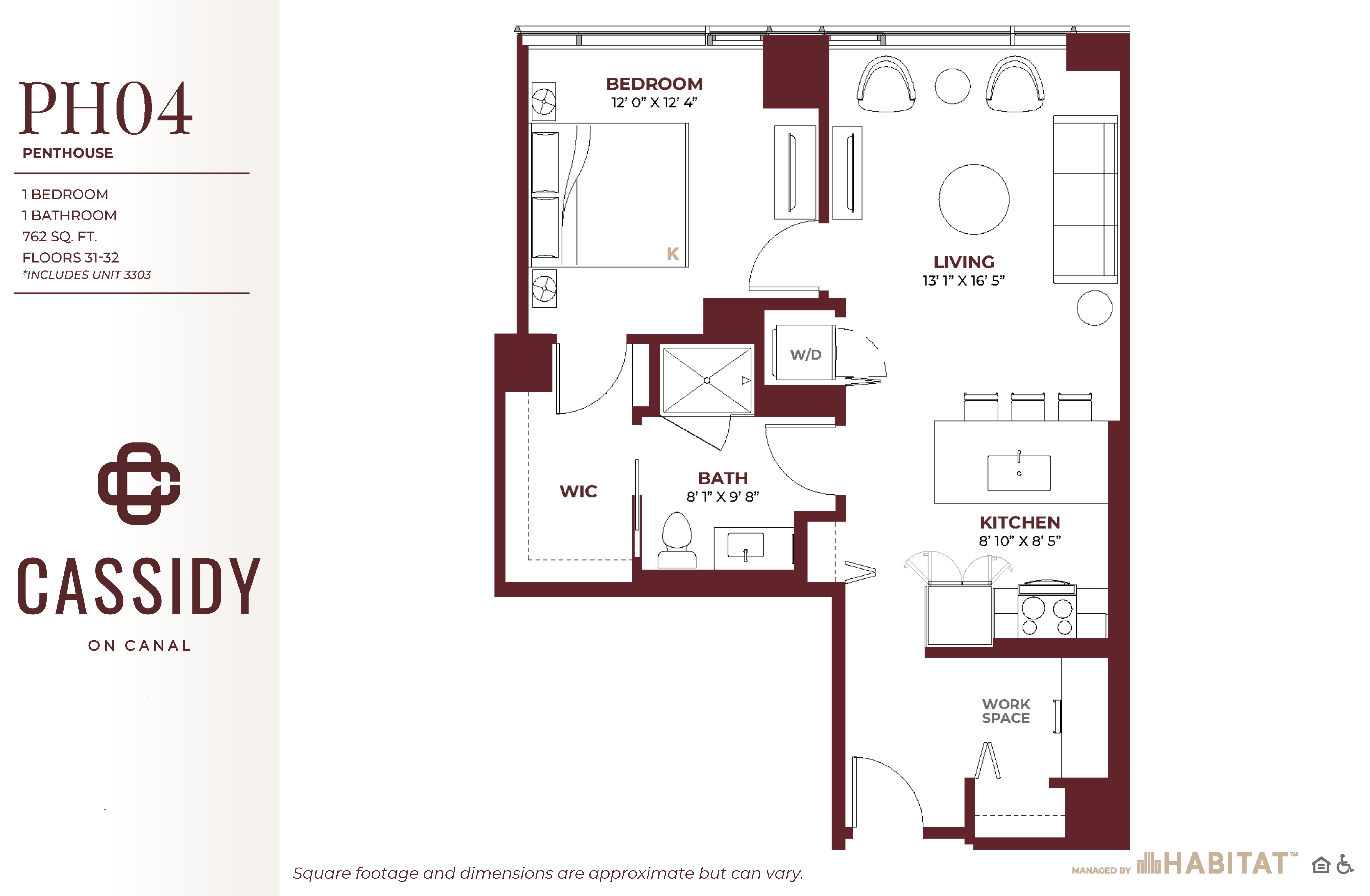 Floor plan for 1 bed, 1 bath, 762 sqft