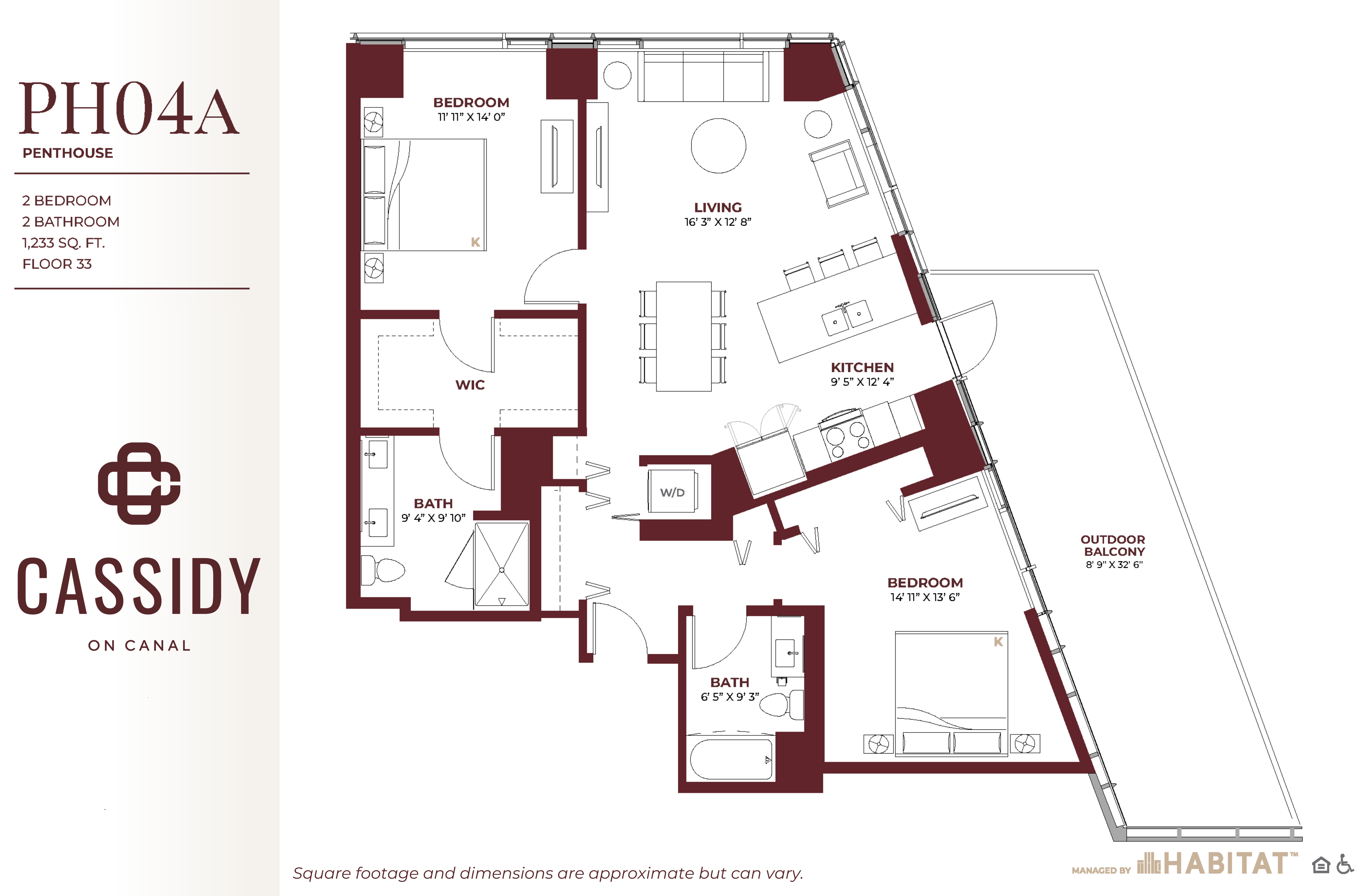 Floor plan for 2 beds, 2 baths, 1233 sqft