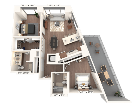 Floor plan for 2 beds, 2 baths, 1233 sqft