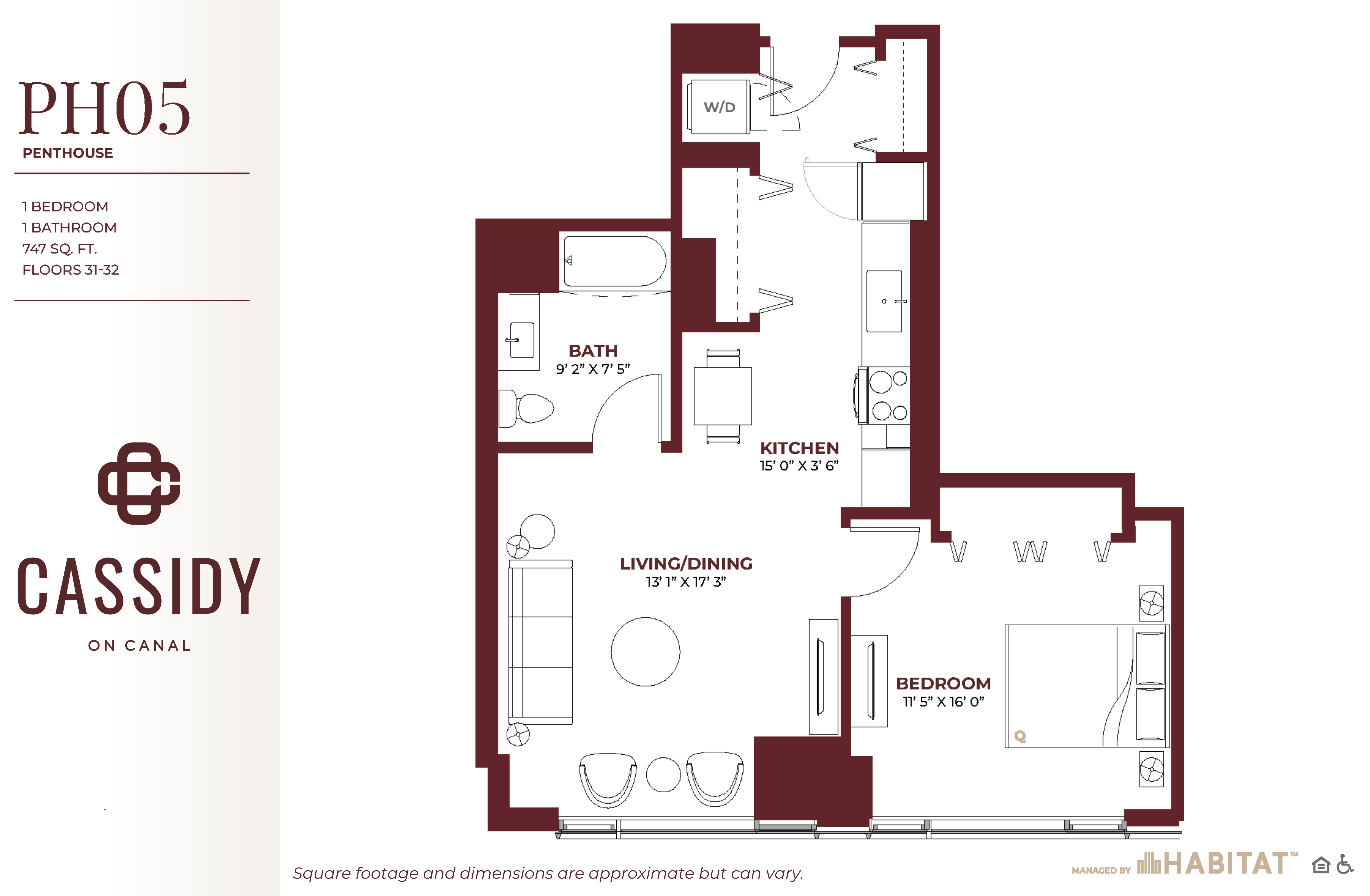 Floor plan for 1 bed, 1 bath, 747 sqft
