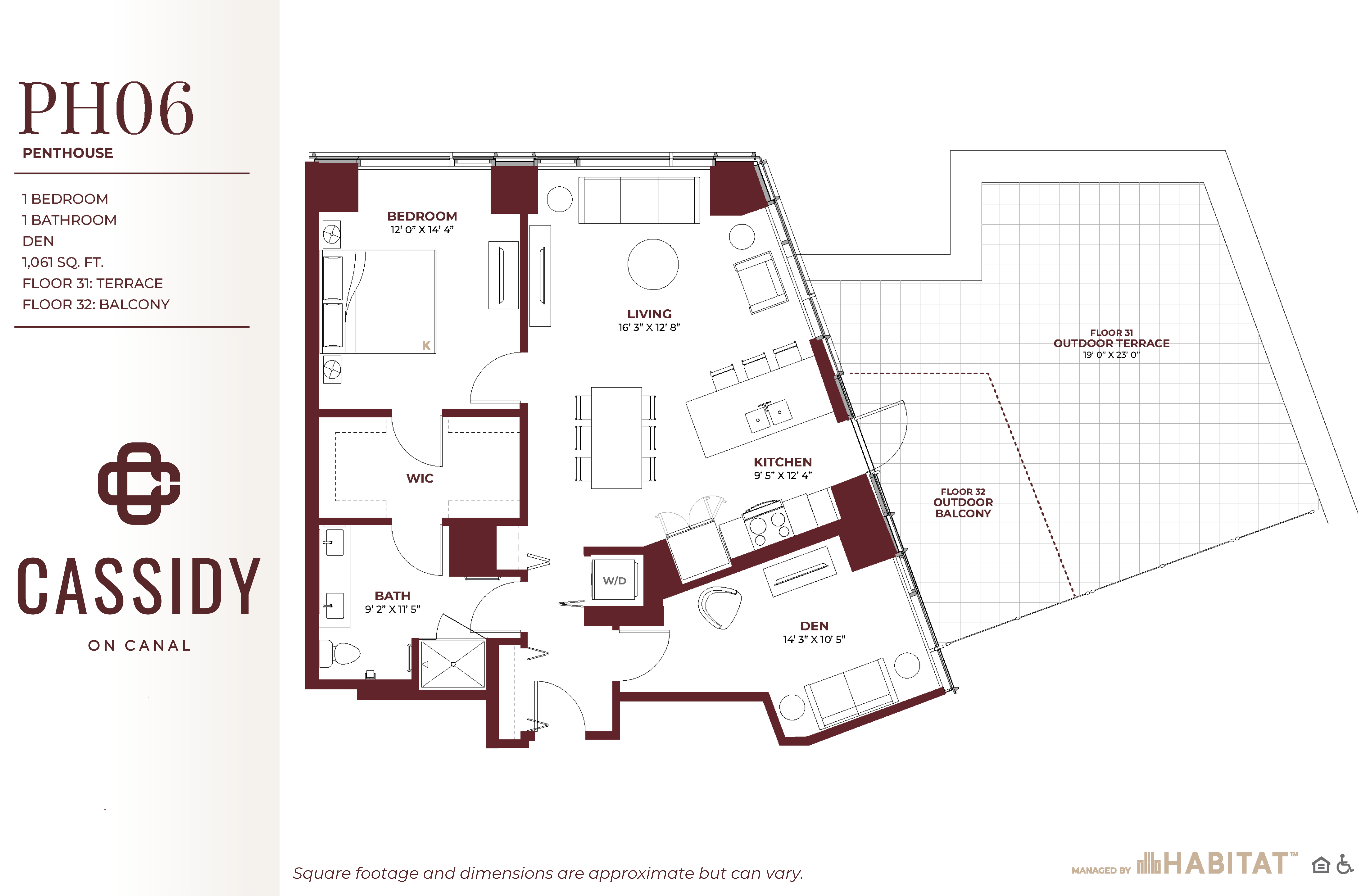 Floor plan for 1 bed, 1 bath, 1061 sqft