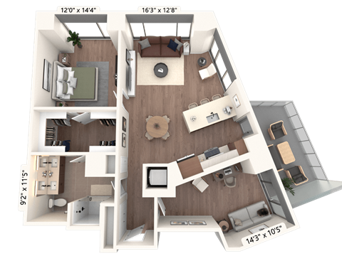 Floor plan for 1 bed, 1 bath, 1061 sqft