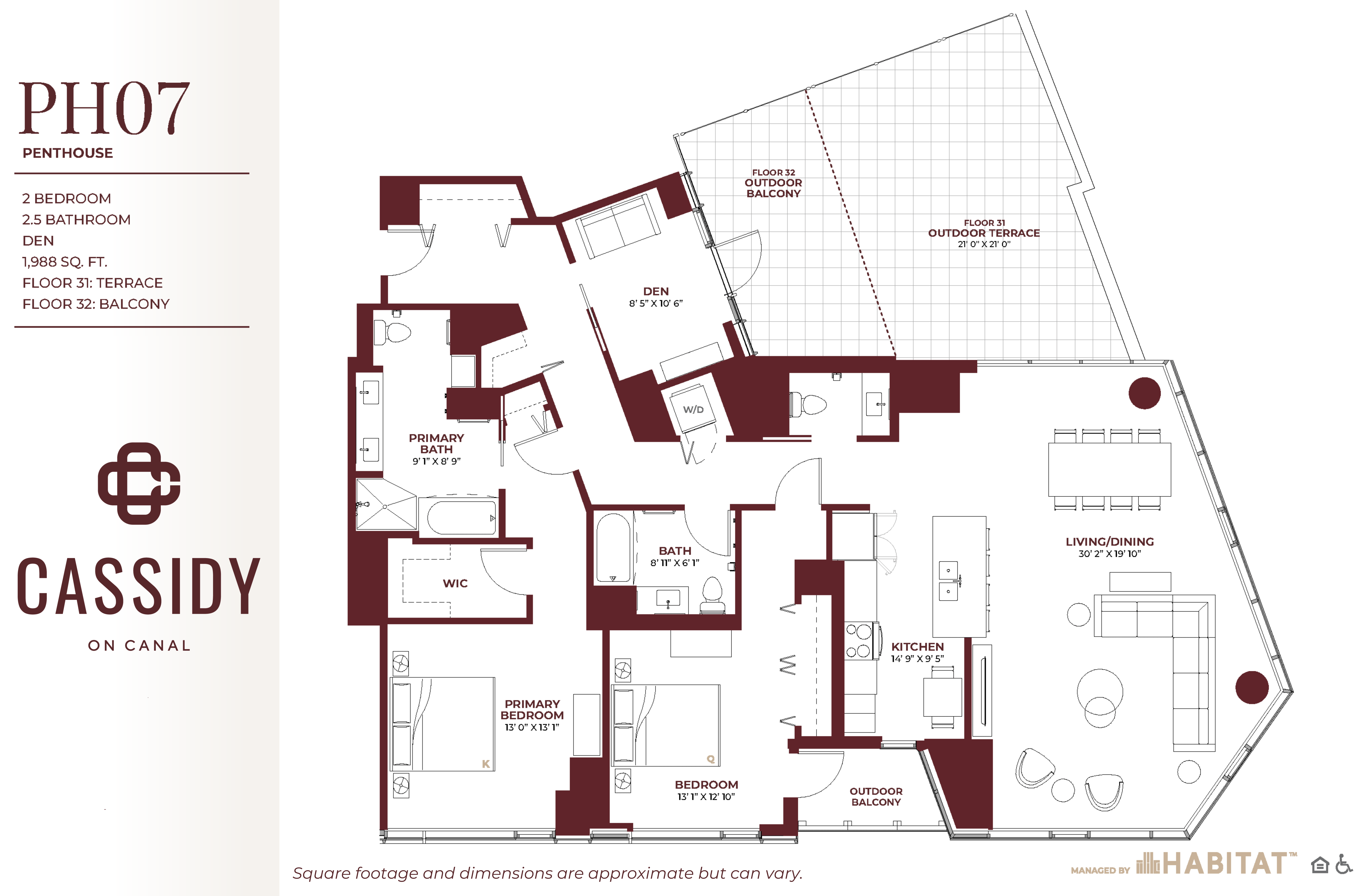 Floor plan for 2 beds, 2.5 baths, 1988 sqft