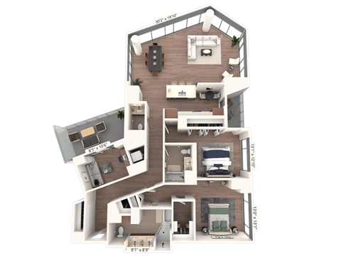 Floor plan for 2 beds, 2.5 baths, 1988 sqft