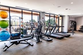Chicago apartment for rent - A gym with a variety of equipment including treadmills, weights, and exercise balls.