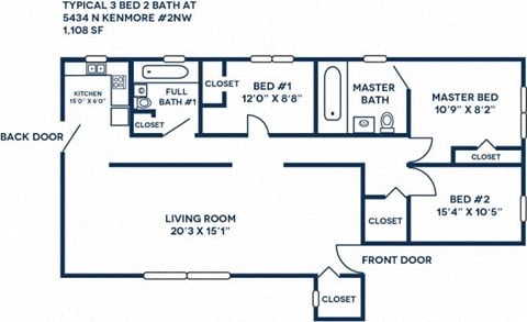 Floor plan for 3 beds, 2 baths, 1301 sqft