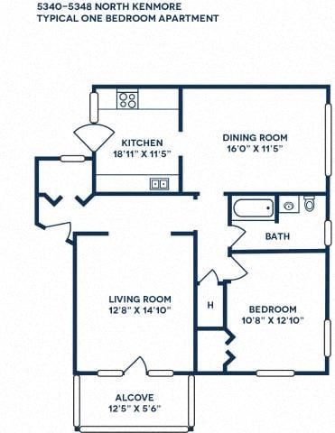 Floor plan for 1 bed, 1 bath, 1065 sqft
