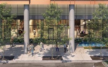 A rendering of a building with trees and people in front of it
