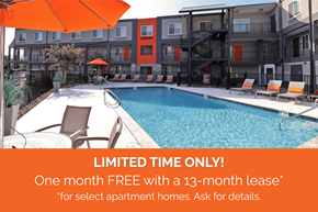 Johnson City apartment for rent - A pool surrounded by chairs and umbrellas with a sign offering a free month with a 13-month lease.