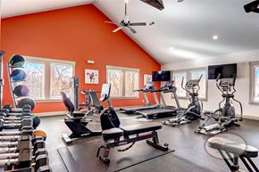 Hendersonville townhouse for rent - A gym with an orange accent wall and a variety of exercise equipment.